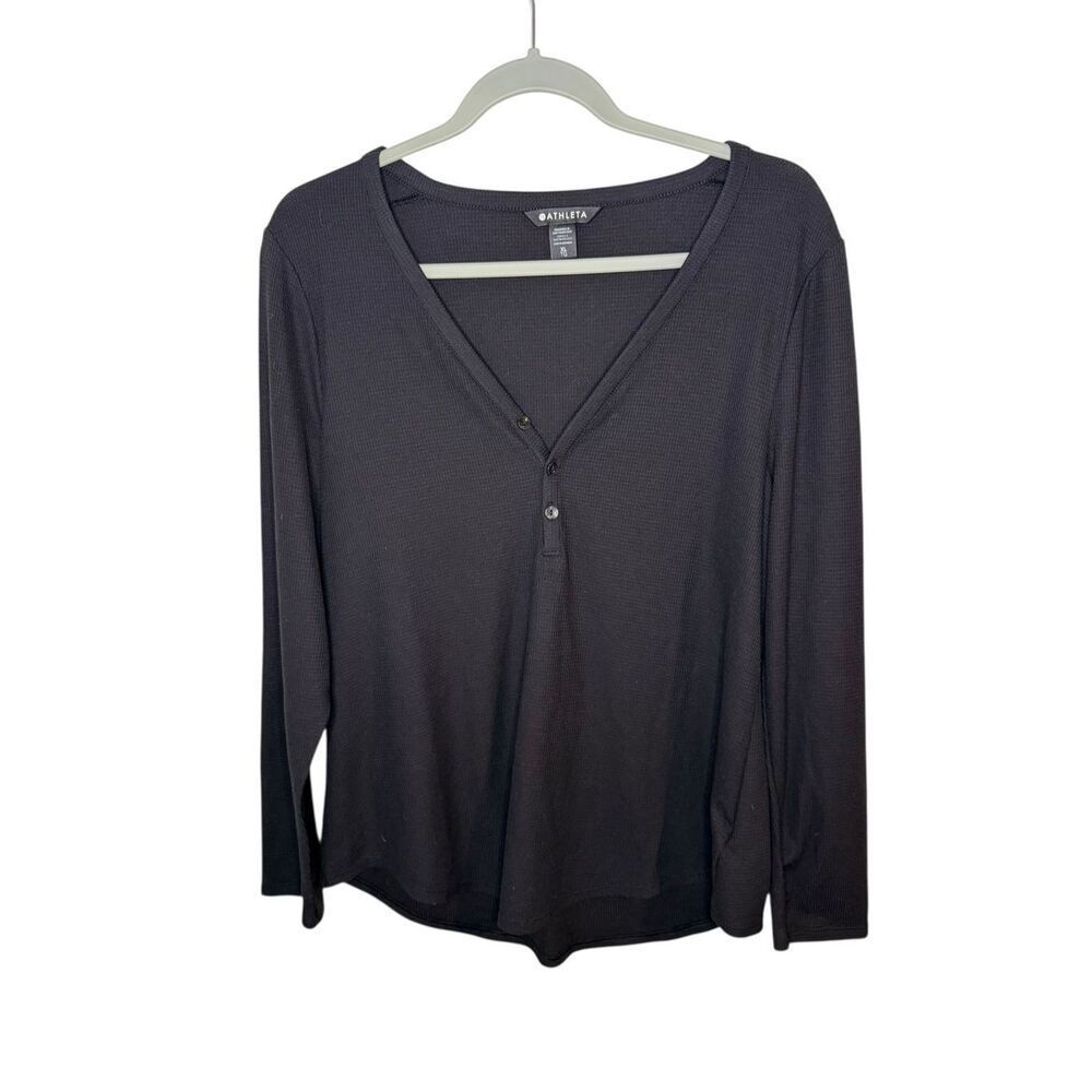 Athleta Wind Down Sleep Top Black Waffle Knit Henley Size XL